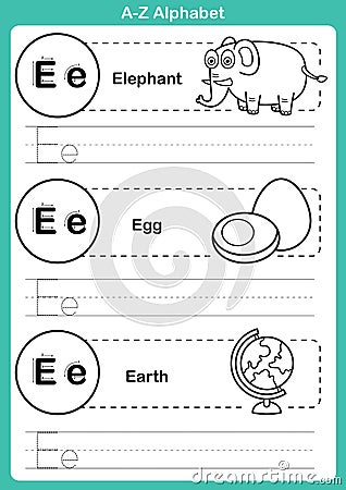 Alphabet a-z exercise with cartoon vocabulary for coloring book Vector Illustration