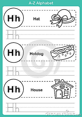 Alphabet a-z exercise with cartoon vocabulary for coloring book Vector Illustration