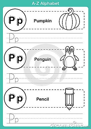 Alphabet a-z exercise with cartoon vocabulary for coloring book Vector Illustration