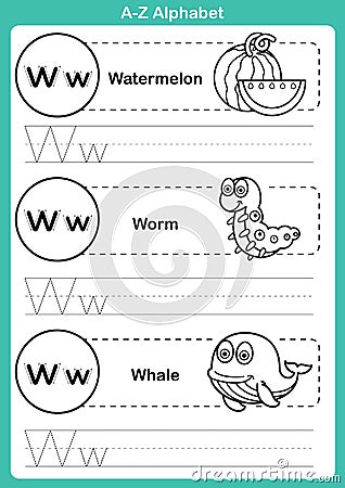 Alphabet a-z exercise with cartoon vocabulary for coloring book Vector Illustration