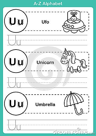 Alphabet a-z exercise with cartoon vocabulary for coloring book Vector Illustration