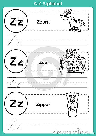 Alphabet a-z exercise with cartoon vocabulary for coloring book Vector Illustration