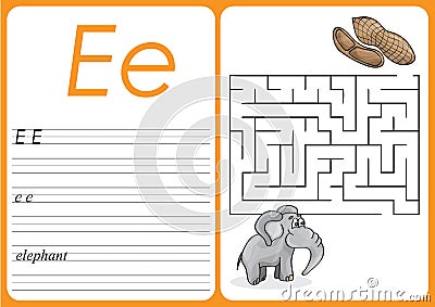 Alphabet A-Z - puzzle Worksheet - Cute Elephant and Peanuts Vector Illustration