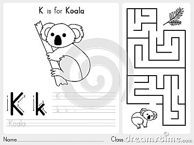 Alphabet A-Z Tracing and puzzle Worksheet, Exercises for kids - Coloring book Vector Illustration