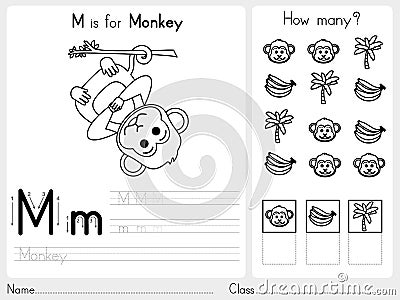 Alphabet A-Z Tracing and puzzle Worksheet, Exercises for kids - Coloring book Vector Illustration