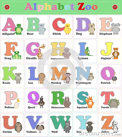 Alphabet Zoo, funny plush animals. English alphabet. Vector cart Stock Photo