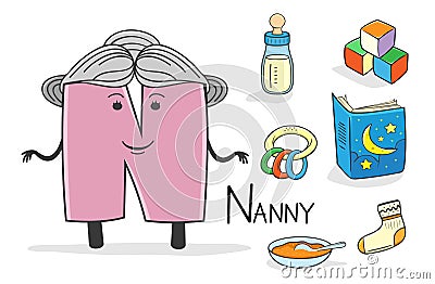 Alphabeth occupation - Letter N - Nanny Vector Illustration