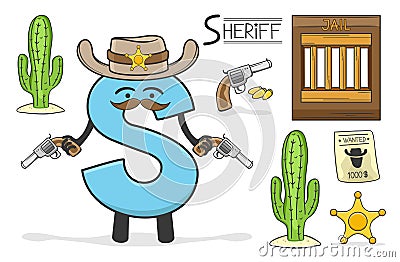 Alphabeth occupation - Letter S - Sheriff Vector Illustration