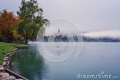 Alpine Bled lake (Blejsko jezero) in dense fog, amazing misty landscape, Slovenia, outdoor travel background Stock Photo