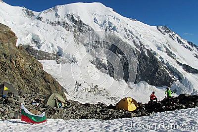 Alpine climbers base camp on hiking route, the flag of Bulgaria Stock Photo