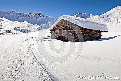 Alpine cottage in Dolomites mountains, Italy Stock Photo