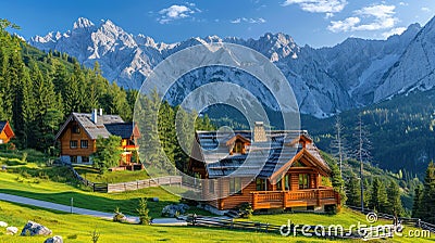 Alpine Eco Cabin: Your Serene Summer Retreat for Relaxation and Vacation in Majestic Mountains Stock Photo