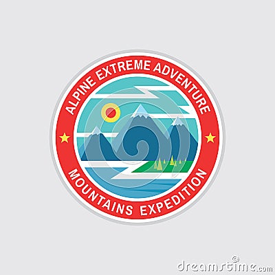 Alpine extreme adventure - concept badge in flat design style. Mountains expeditions creative vintage logo. Discovery outdoor Vector Illustration