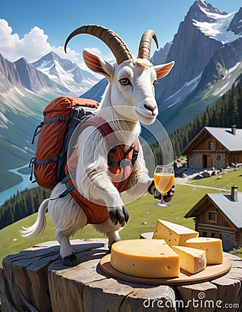 Alpine Goat Hiker With Cheese and Wine Stock Photo