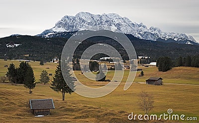 Alpine grassland with Karwendel Mountains, Alps, Germany Stock Photo