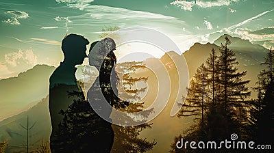 Alpine Harmony: Couple's Silhouette with Bavarian Alps Vacation Double Exposure Stock Photo