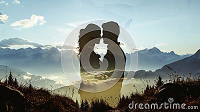 Alpine Harmony: Couple's Silhouette with Bavarian Alps Vacation Double Exposure Stock Photo