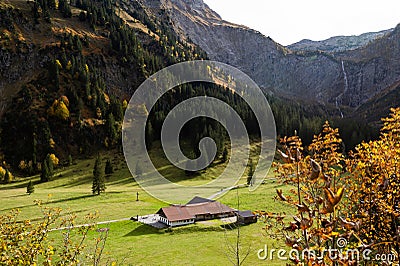 Alpine landscape, tourist shelter in the alps mountains Stock Photo