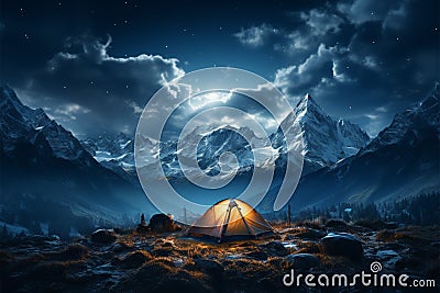 Alpine night camping Tent beneath stars, surrounded by towering peaks and tranquility Stock Photo