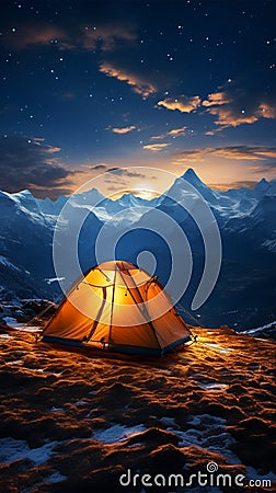 Alpine night camping Tent beneath stars, surrounded by towering peaks and tranquility Stock Photo