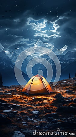 Alpine night camping Tent beneath stars, surrounded by towering peaks and tranquility Stock Photo