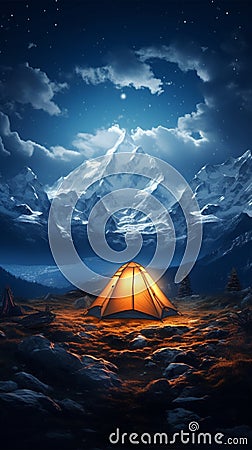 Alpine night camping Tent beneath stars, surrounded by towering peaks and tranquility Stock Photo