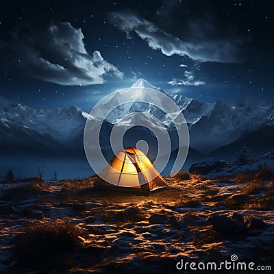 Alpine night camping Tent beneath stars, surrounded by towering peaks and tranquility Stock Photo