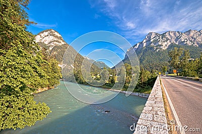Alpine road and Saalach river in Bavarian Alps view Stock Photo