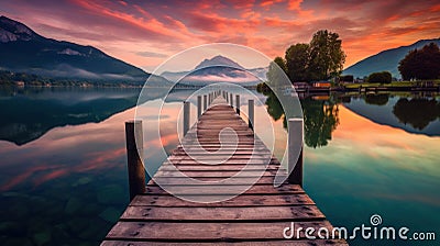 Alpine Serenity: Jetty on the Mountain Lake Stock Photo