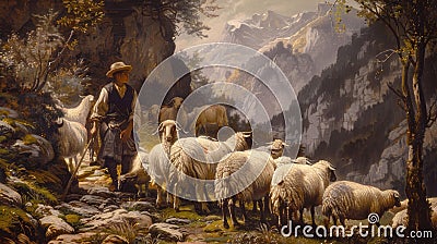 Alpine Shepherd: Guiding the Flock in 18th Century Scenery Stock Photo
