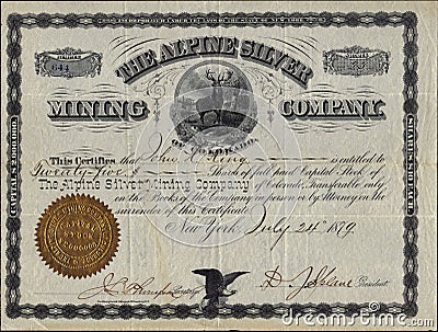 1879 The Alpine Silver Mining Company Stock Certificate Editorial Stock Photo