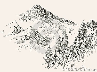 Alpine sketch, mountain ranges Vector Illustration