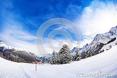 Alpine ski slope and view Mont-Blanc Chamonix Alps Stock Photo
