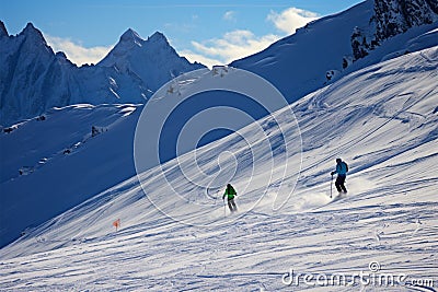 Alpine skiers embrace the stunning snowy backdrop of the mountain range Stock Photo