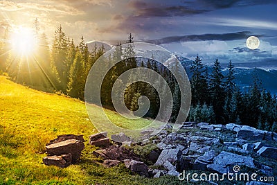 alpine summer landscape day and night time change composite Stock Photo