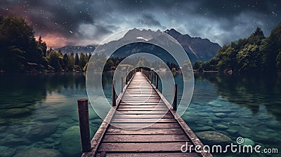 Alpine Tranquility: Jetty by the Foothills Lake Stock Photo