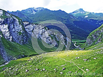 The Alpine Valley of Im Loch at the Glarus Alps mountain range Stock Photo