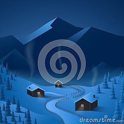 Alpine village on a hill covered with fresh snow Vector Illustration