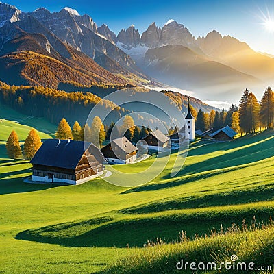 alpine village on the hill and snowy mountains in Background and the alpine meadow and pasture from the three stage Cartoon Illustration