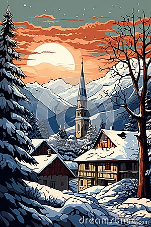alpine village in winter snow Cartoon Illustration