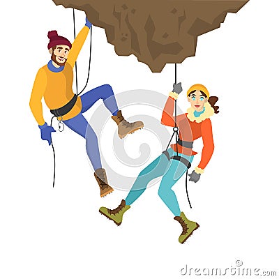 Alpinist couple climb the mountain. Extreme sport Vector Illustration
