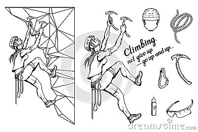 Alpinist slogan with girl, woman mountaineer, alpine climbing, alpinism, mountaineering, alpinist girl character, climb concept Vector Illustration