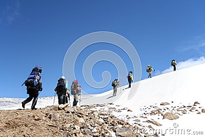 Alpinists at the climbing in Caucasus mountains Stock Photo