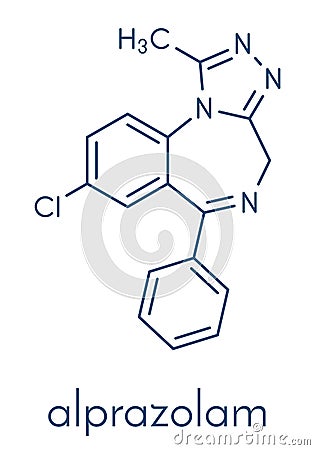 Alprazolam sedative and hypnotic drug benzodiazepine class molecule. Skeletal formula. Vector Illustration