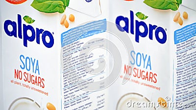 Alpro brand sugar free soya milk Editorial Stock Photo