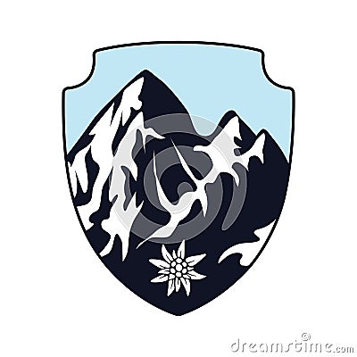 The Alps icon. Snow-capped mountains inscribed in the shape of a shield with an Edelweiss flower. The emblem of mountaineering. Vector Illustration