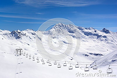 Alps landscape with ski lift, Tignes, France Stock Photo