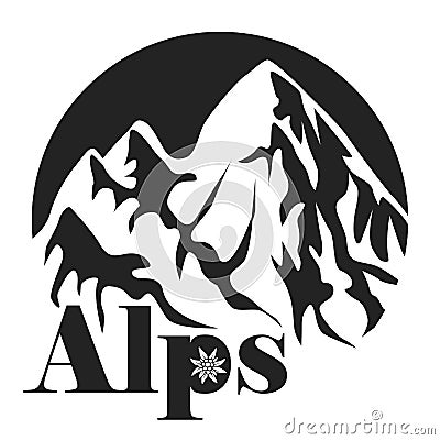 The Alps. Mountain peaks of the European Alps. Mountains in a circle and the inscription Alps with an Edelweiss flower. Vector Illustration