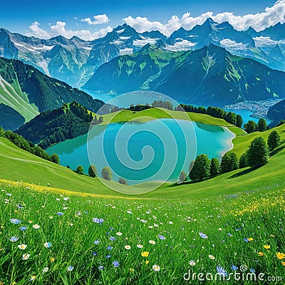 Alps mountain range with Mount Lake verdant alpine meadows in and are all visible in the Cartoon Illustration