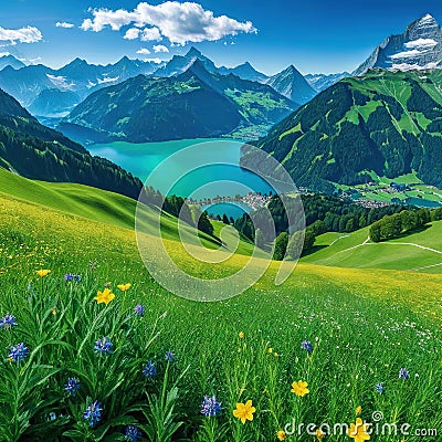 Alps mountain range with Mount Lake verdant alpine meadows in and are all visible in the Cartoon Illustration